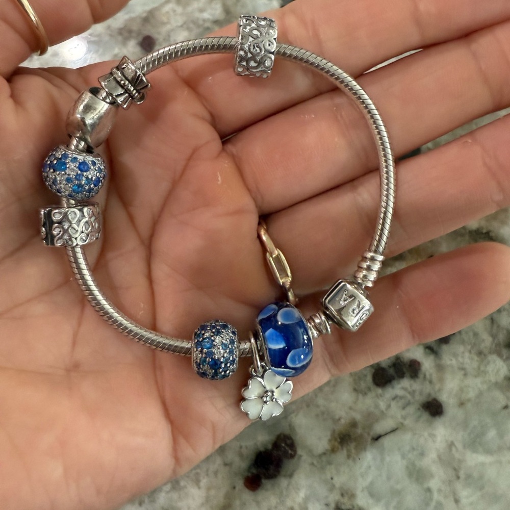 Pandora Silver and Blue Charm Bracelet with Elegant Beads